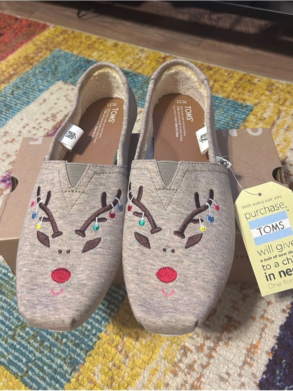Toms Beige Reindeer Embroidered Slip-On Flats with Red Nose